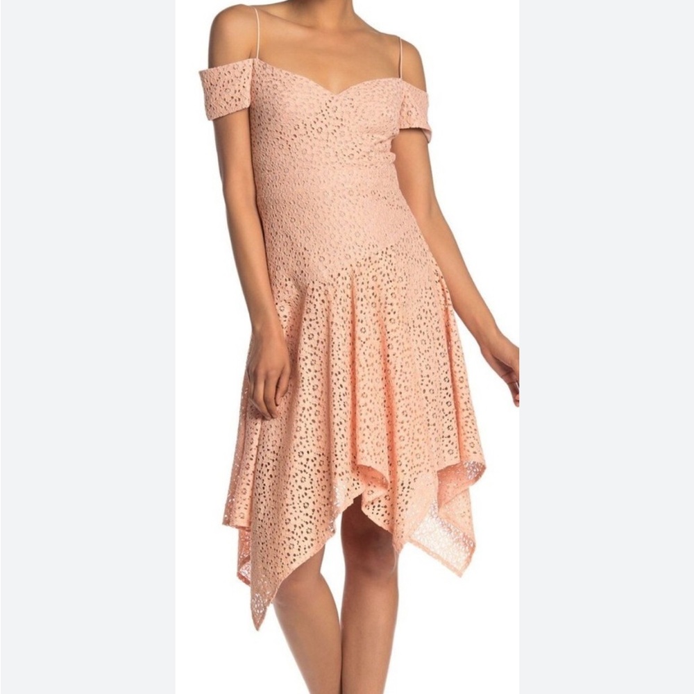 Nicole Miller Mini Floral Lace Scarf Dress blush pink cold shoulder handkerchief